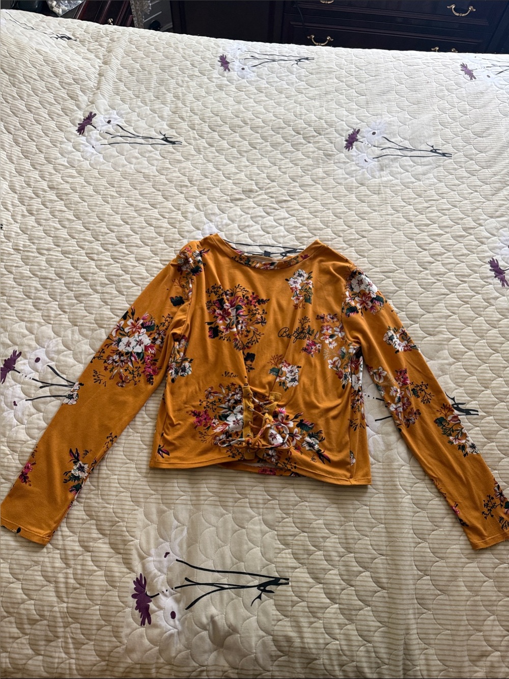 Mustard Floral Long-Sleeve Twist-Front Top